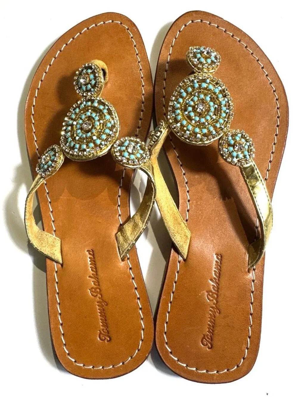 Tommy Bahama Womens Size 7 Gold Leather Sandals With Turquoise Rhinestone Accent